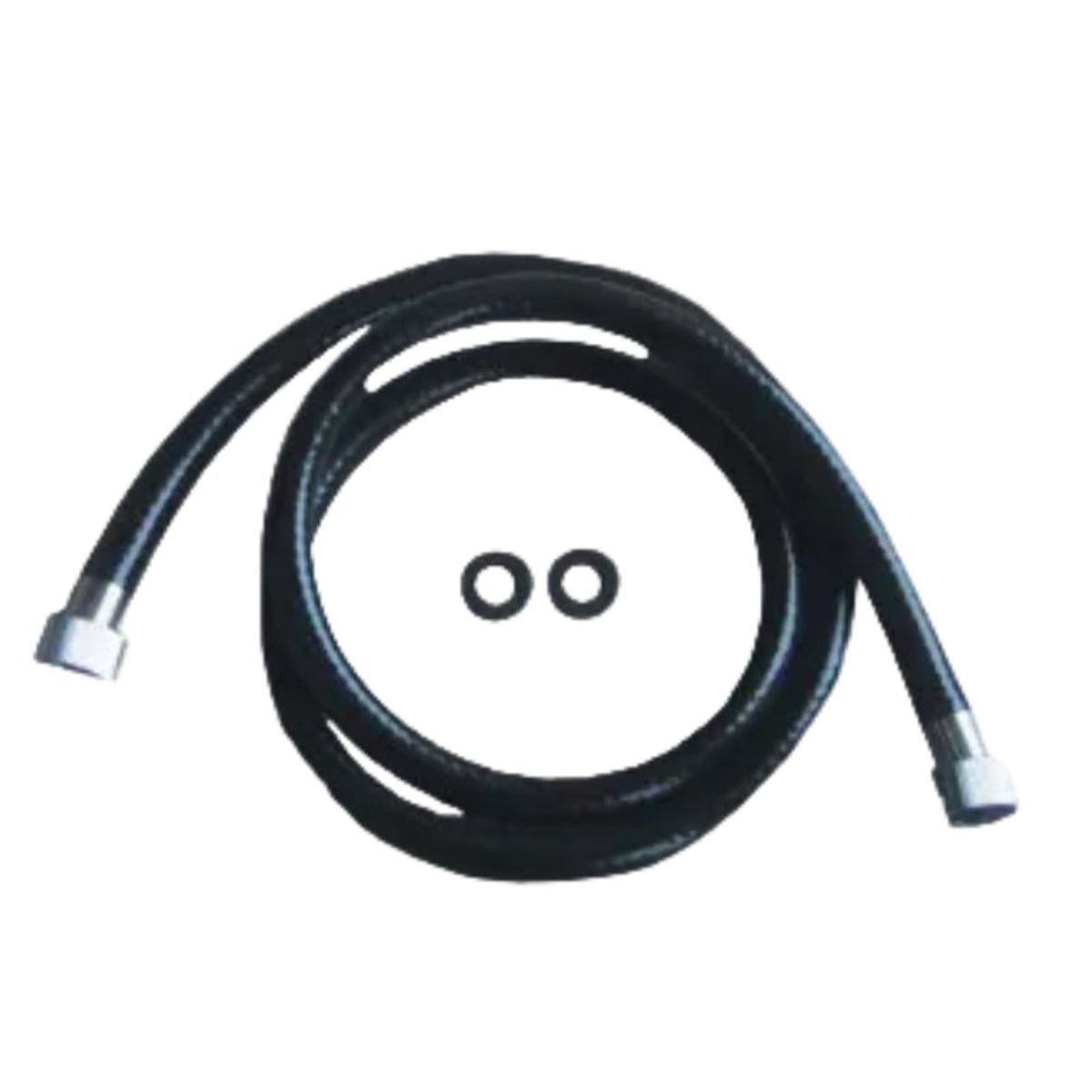 Black rubber hose with metal connectors on a white background