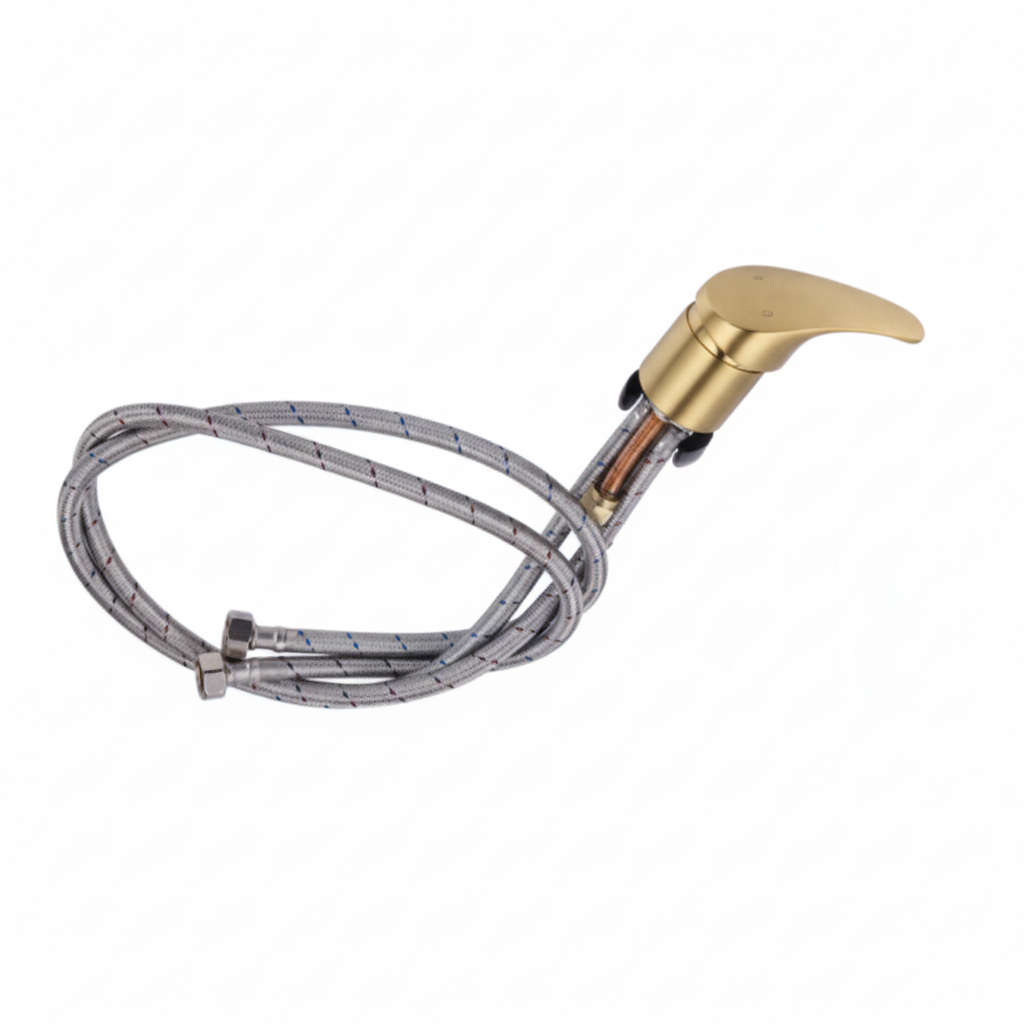 Brushed-gold tap with chrome hose
