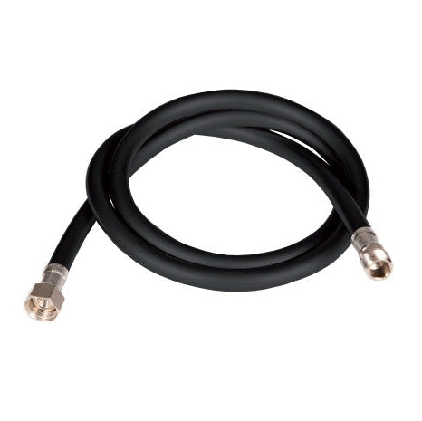 Black coiled hose with brass fitting on a white background