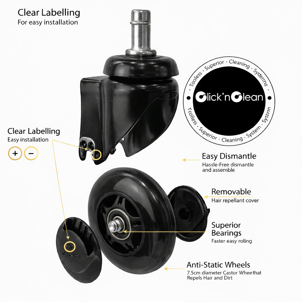Sprint Stool White - Black Base - Click'n Clean Castor Wheels
