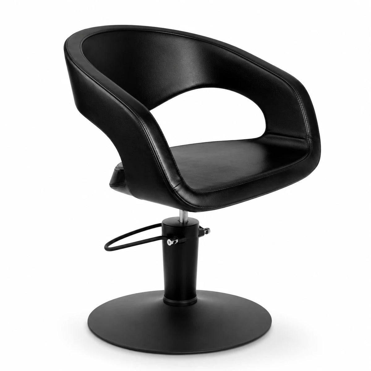 Sofia black hydraulic styling chair with curved open back, integrated armrests and round black base, shown in a front three-quarter view.