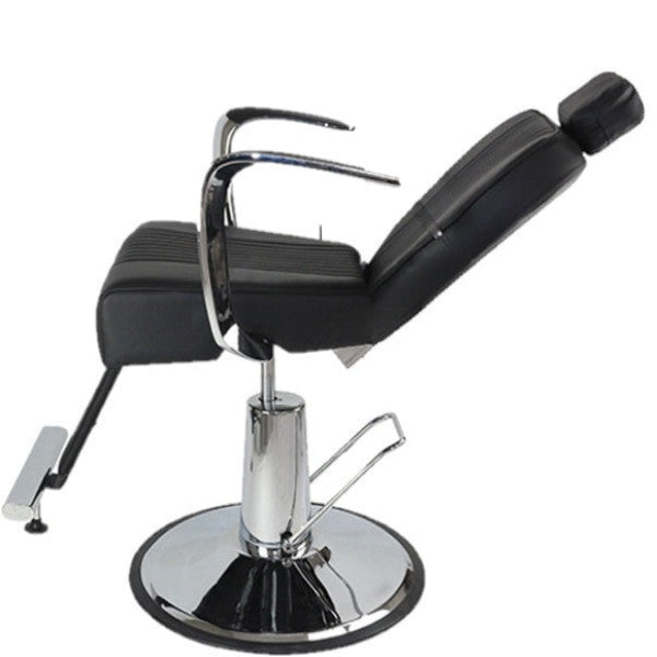 Black barber chair with chrome base on a white background