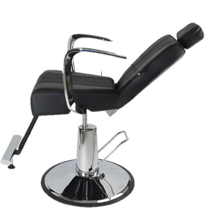 Black barber chair with chrome base on a white background