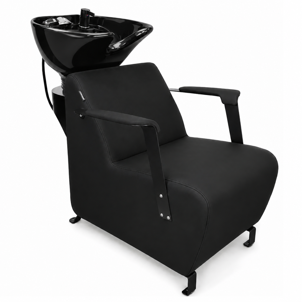 Black salon chair with black basin