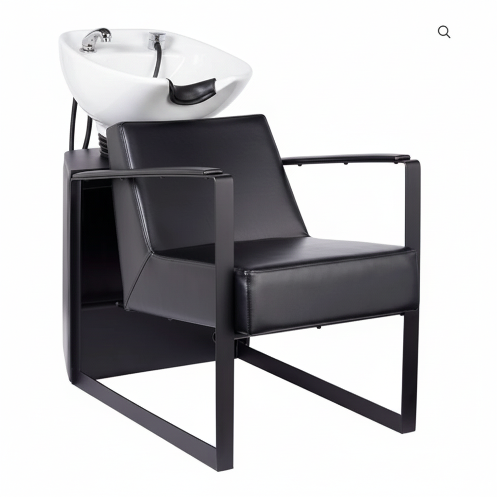 Black salon chair with white basin