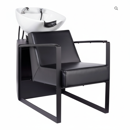 Black salon chair with white basin