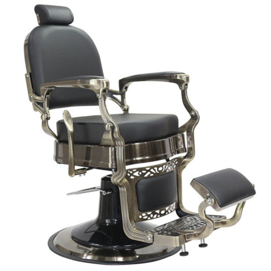 Barber chair with black leather seats and chrome frame on a white background