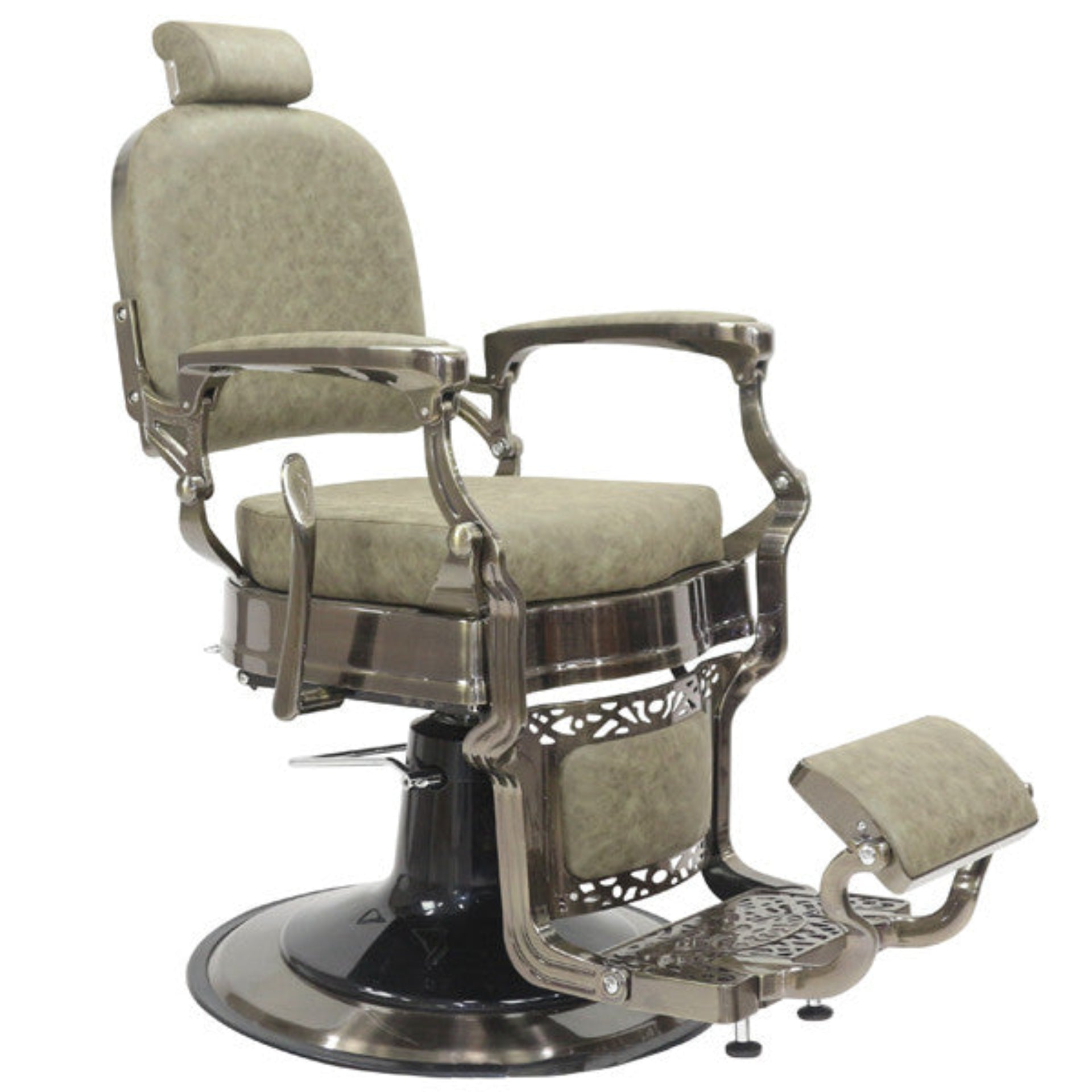 Barber chair with beige cushioned seat and backrest on a white background