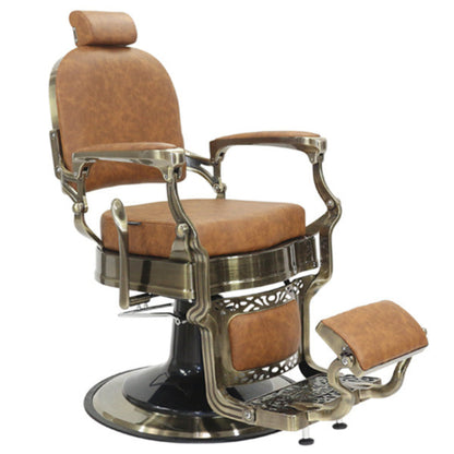 Vintage-style barber chair with brown leather seat and metal frame on a white background