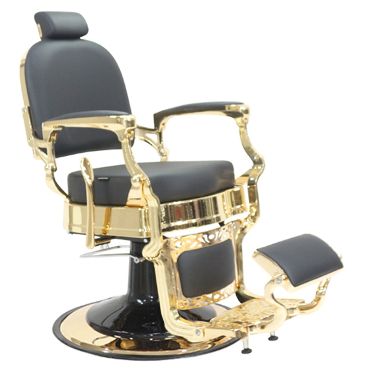 Barber chair with gold frame and black seat on a white background