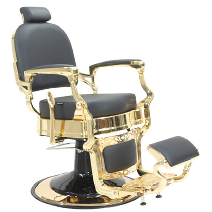 Barber chair with gold frame and black seat on a white background