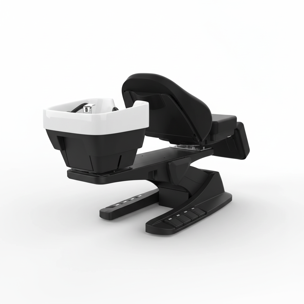 Black salon wash basin and reclining chair, rear three-quarter view on a white background