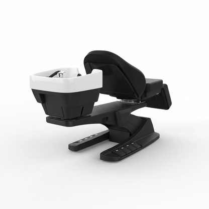 Black salon wash basin and reclining chair, rear three-quarter view on a white background