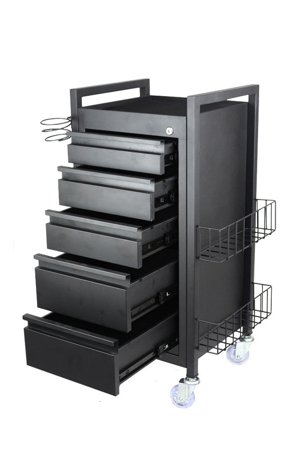 Midnight 5 Drawer Hairdressing Beauty Trolley - Black Frame - Click'nClean Castor Wheels