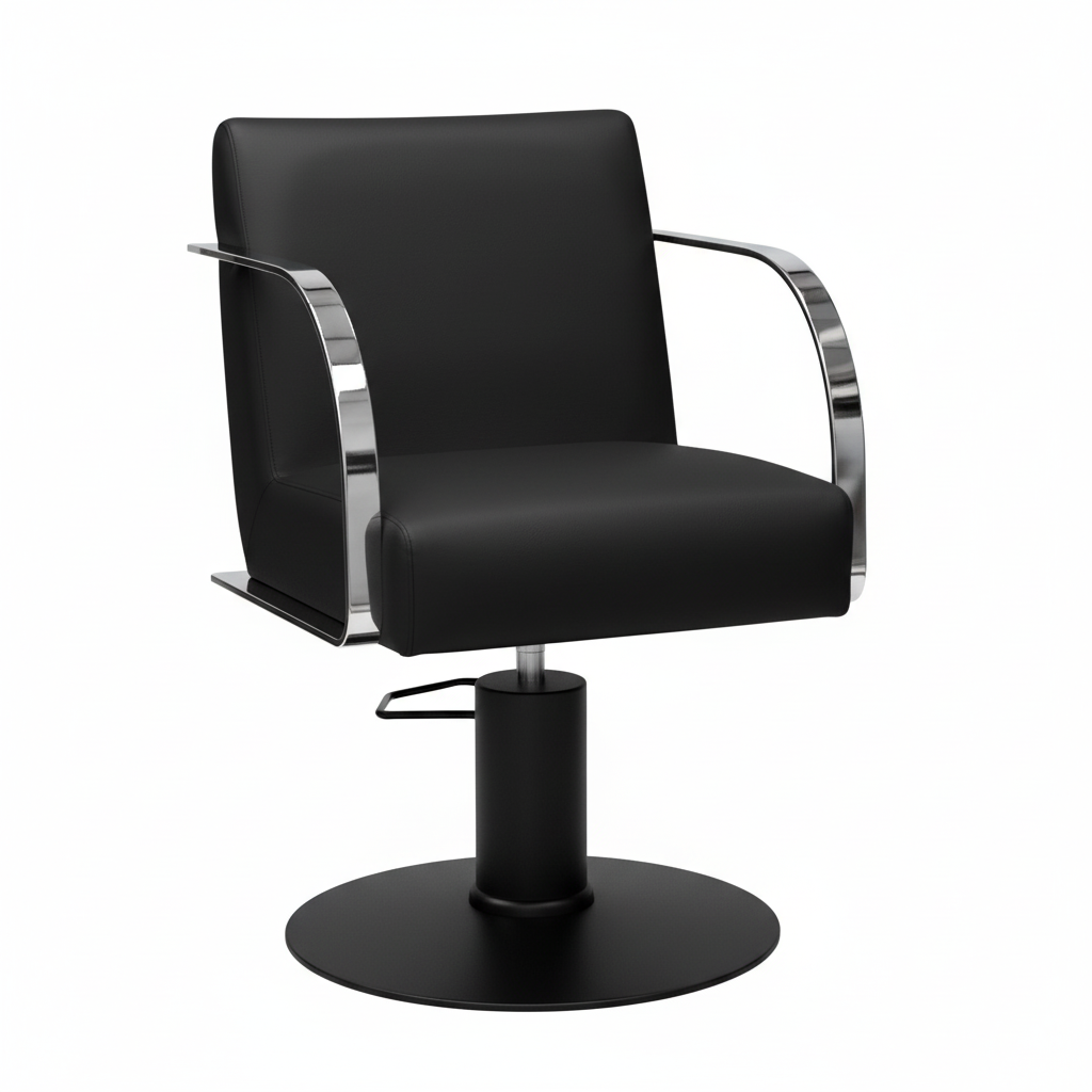 Salon Chair - Black with Shiny Chrome Panels and Black Base