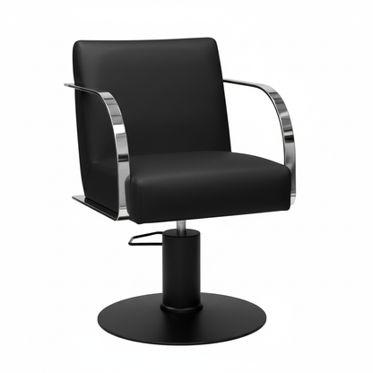 Salon Chair - Black with Shiny Chrome Panels and Black Base