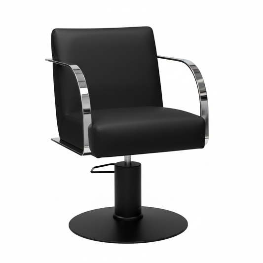 Salon Chair - Black with Shiny Chrome Panels and Black Base