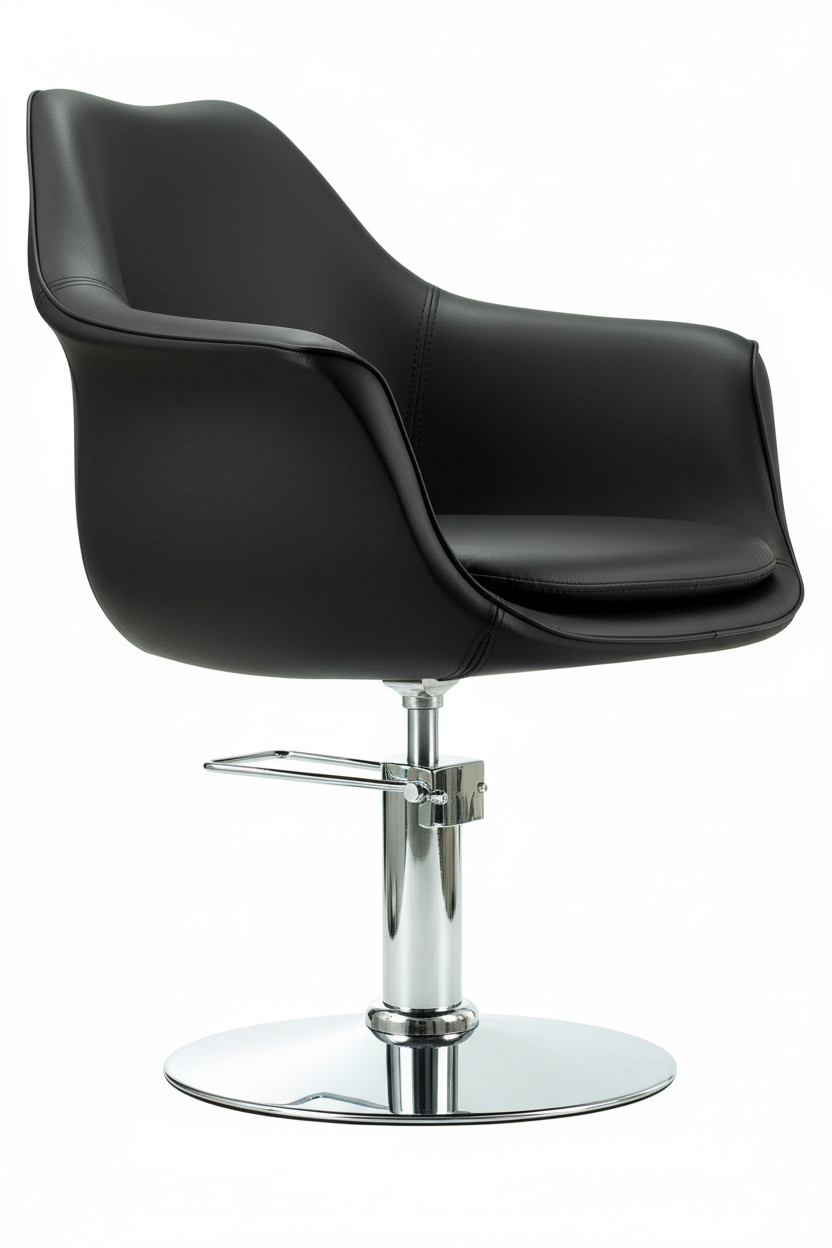 Side angle - black leather, chrome base
