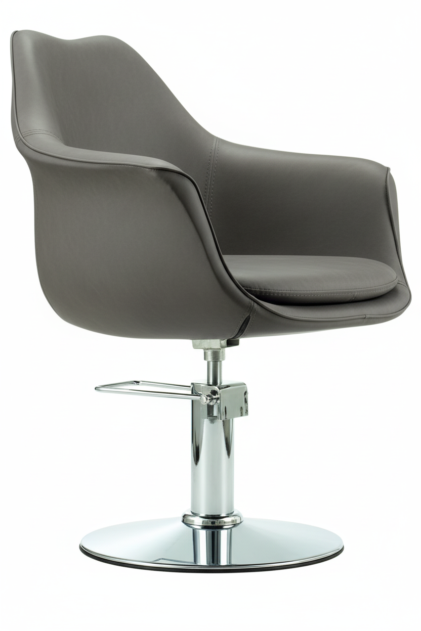 Side angle - grey leather, chrome base